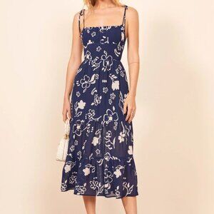 Reformation Navy Blue & White Floral Midi Dress